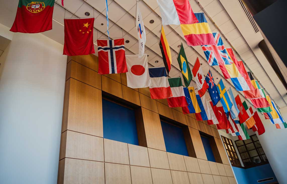 Flags from different countries hanging inside the AbbVie offices