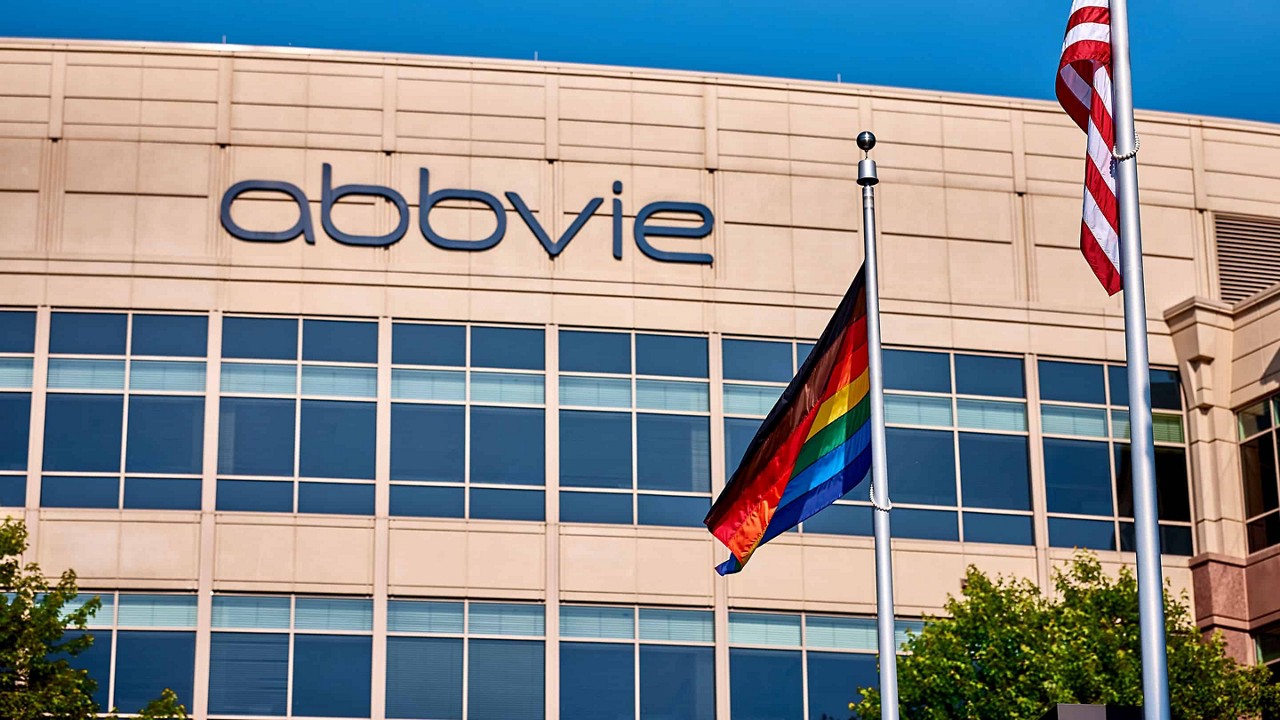 front of abbvie building with pride flag