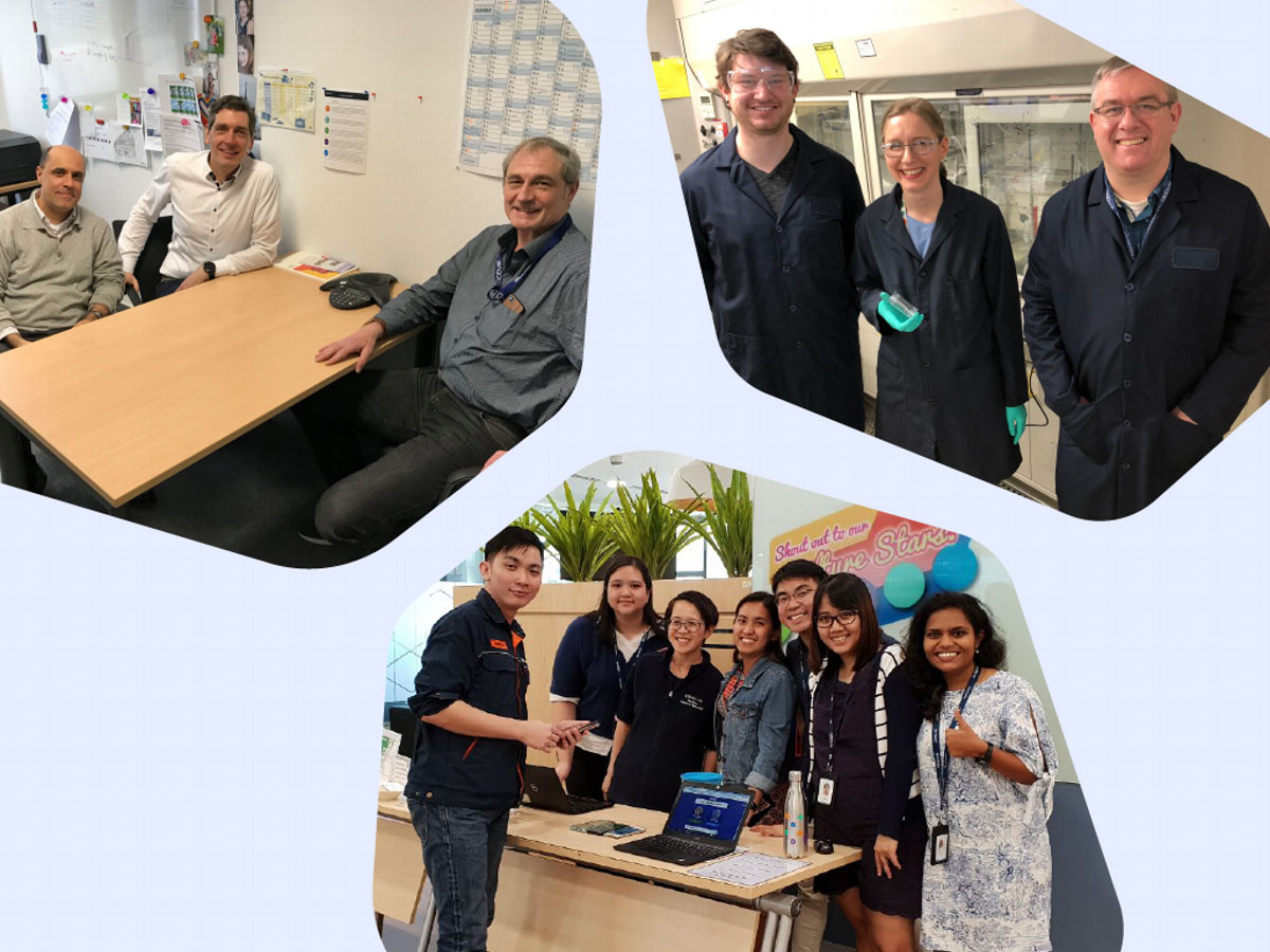 Clockwise from left: Photographed earlier this year and in 2019, team members from Ludwigshafen, Germany, North Chicago, Illinois, and Singapore work to accelerate environmental sustainability.